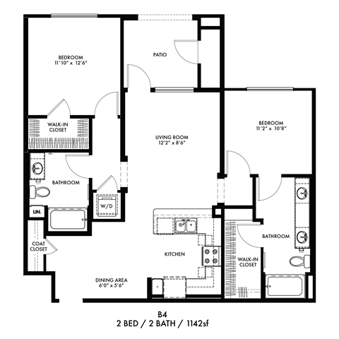 Floor plan for 2 beds, 2 baths, 1142 sqft